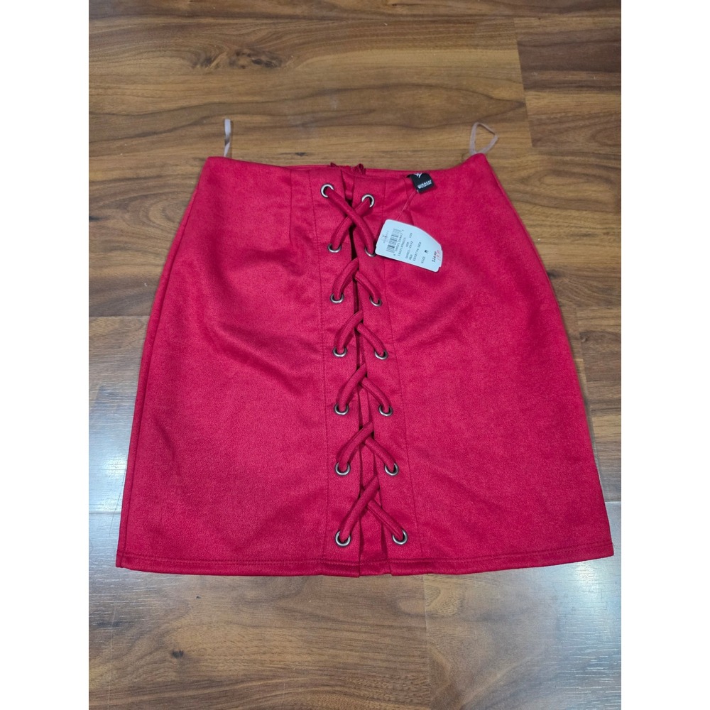 Windsor Mini Skirt Womens M Red NEW Faux Suede Lace Up Front ED3277N-RED